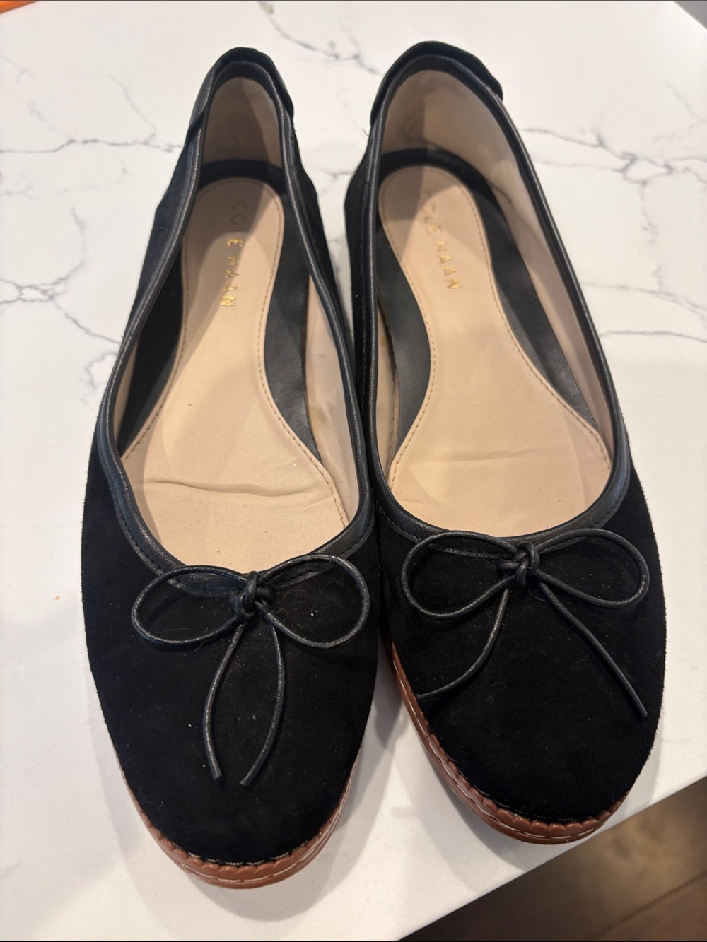 Cole Haan Black Suede Ballet Flats with Bow Trim
